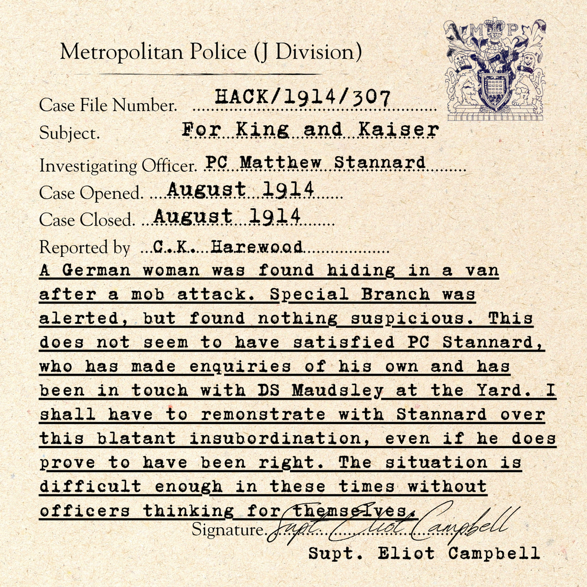 Vintage-style Metropolitan Police document from August 1914 with typed and handwritten text, a crest seal in the top right, and the signature of Supt. Elliot Campbell on aged beige paper.