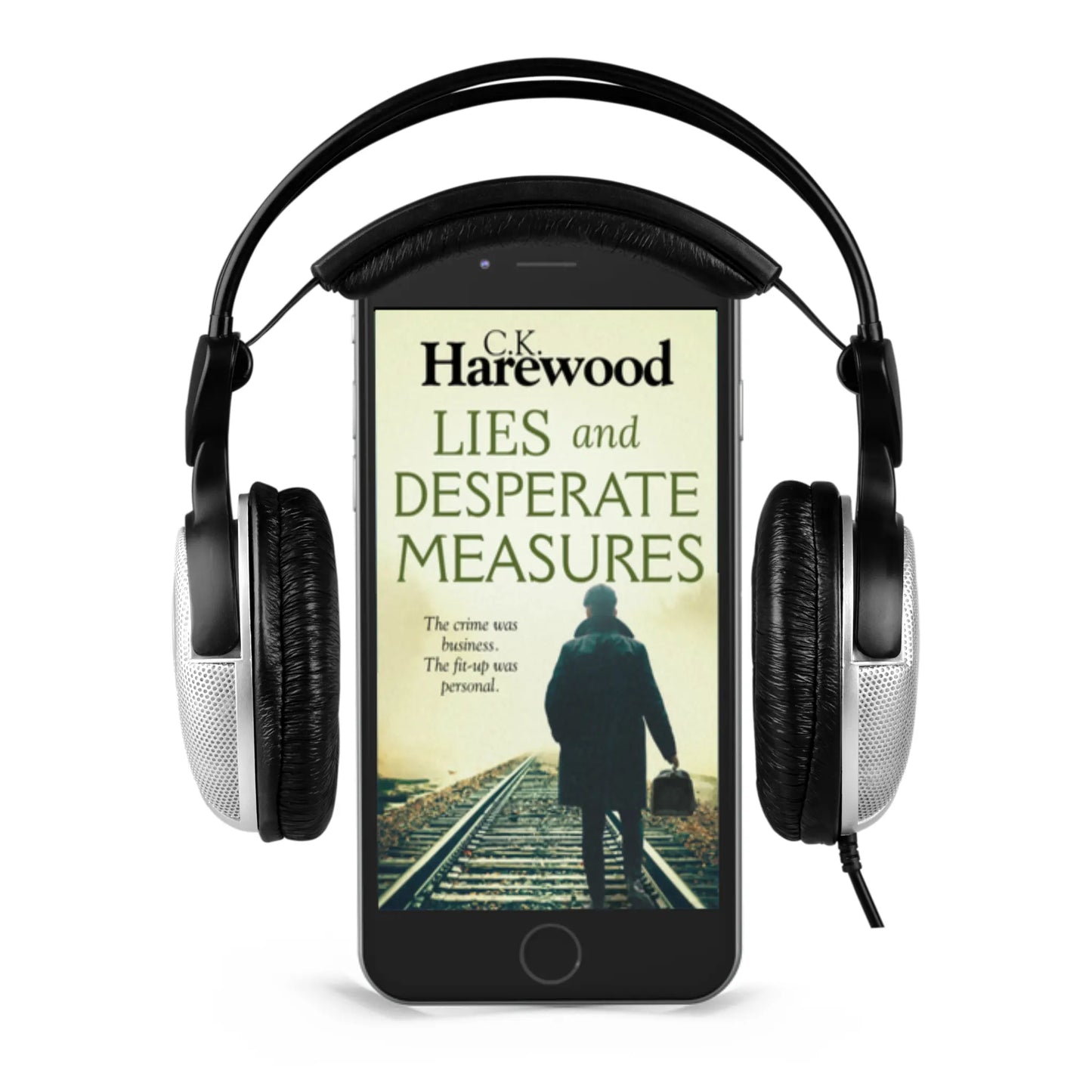 Phone with book cover 'Lies and Desperate Measures' by C.K. Harewood, surrounded by headphones on a white background