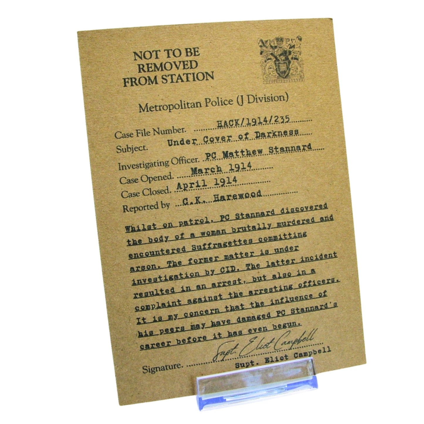 Vintage-style police case file with text on a white background