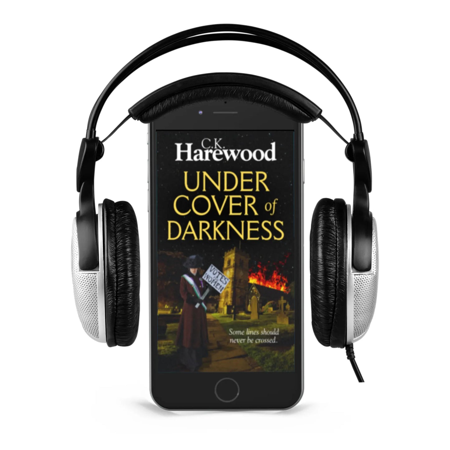 Phone displaying 'Under Cover of Darkness' by C.K. Harewood with headphones on a white background