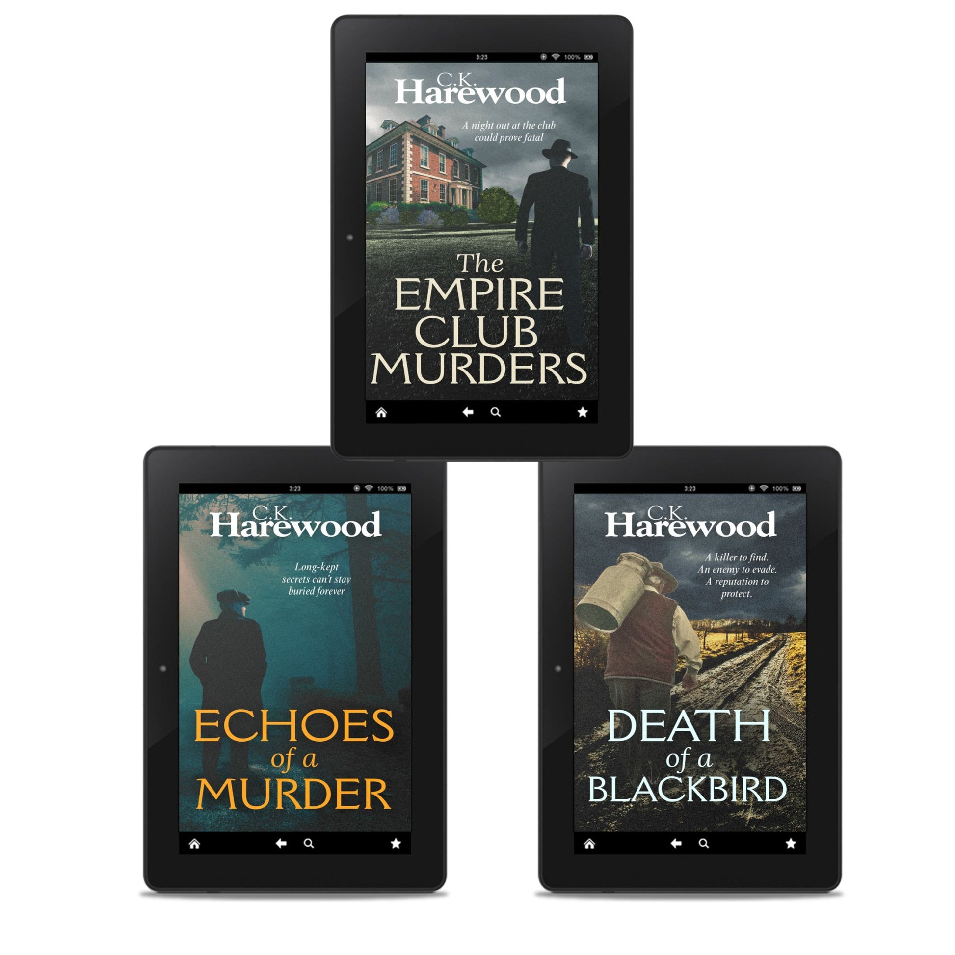 Three tablets displaying book covers of C.K. Harewood's novels on a white background