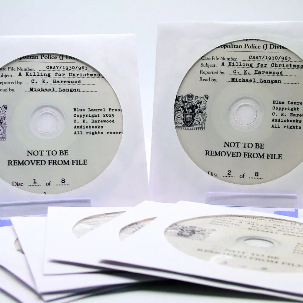 Set of audiobook CDs with labels on a white background