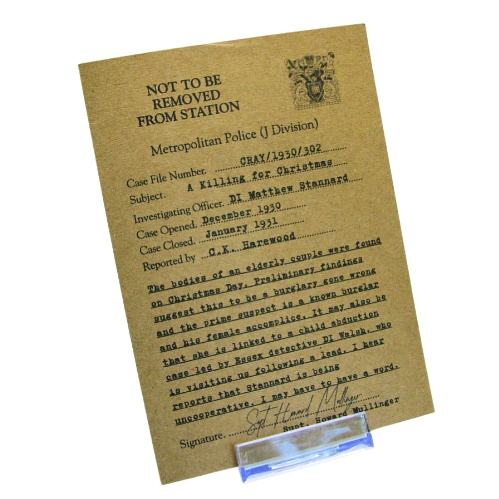 Document resembling a police report on brown paper with text and a signature.