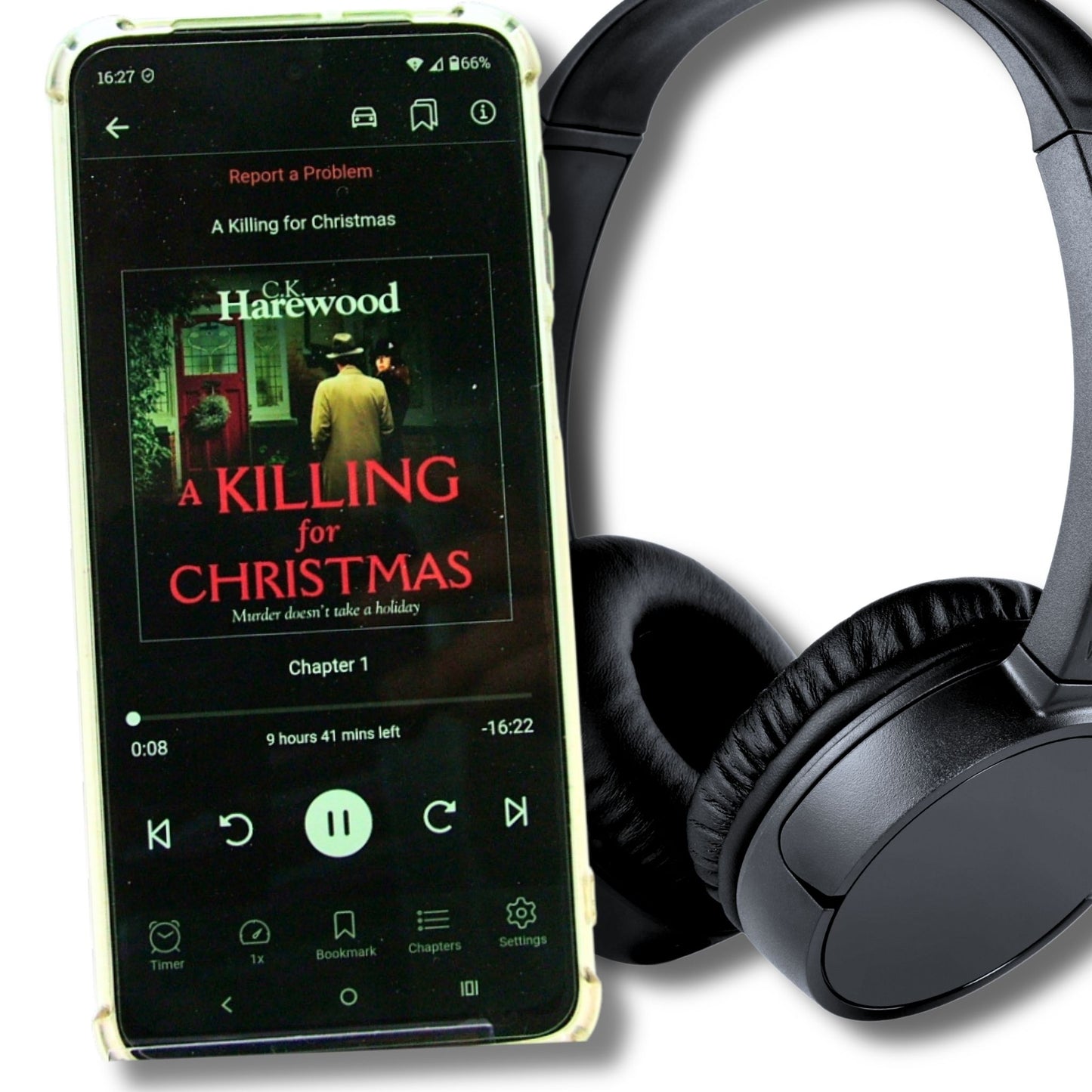 Phone displaying an audiobook titled 'A Killing for Christmas' by C.K. Harewood, with headphones on a white background.