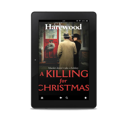 E-reader displaying the book cover of 'A Killing for Christmas' by C.K. Harewood on a white background.