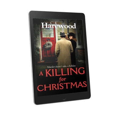 Tablet displaying the book cover of 'A Killing for Christmas' by C.K. Harewood on a white background