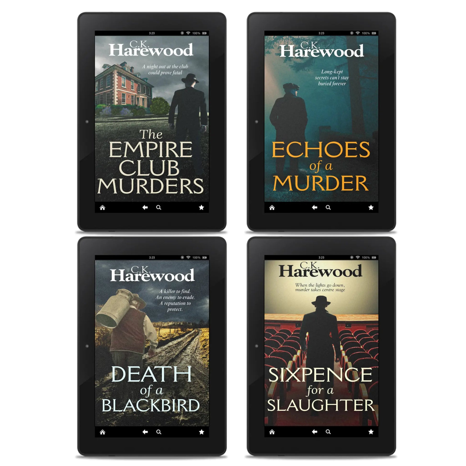 Four tablets displaying book covers of C.K. Harewood's novels on a white background