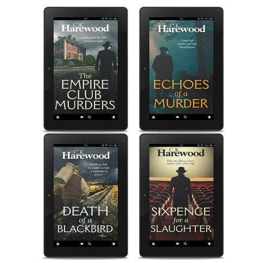 Four tablets displaying book covers of C.K. Harewood's novels on a white background