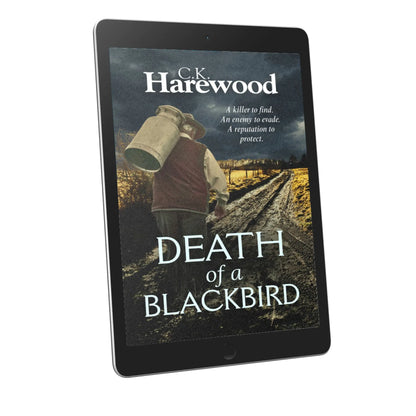 E-reader displaying the book cover of 'Death of a Blackbird' by C.K. Harewood on a white background.
