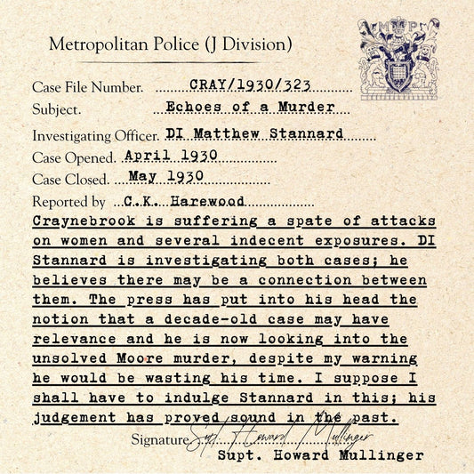 Vintage typed police case file page from Metropolitan Police (J Division) dated May 1930, with handwritten and underlined text about echoes of a murder case, a crest seal in the top right, and aged cream paper background.