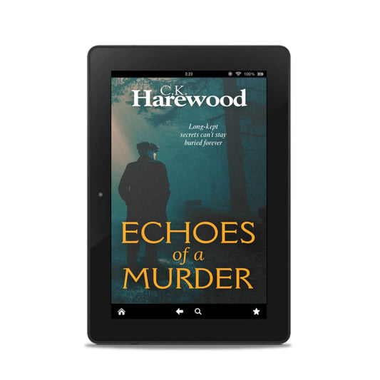 E-reader displaying the book cover of 'Echoes of a Murder' by C.K. Harewood on a white background