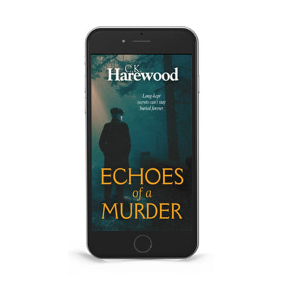 Phone displaying the book cover of 'Echoes of a Murder' by C.K. Harewood on a white background