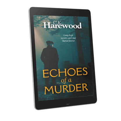 E-Reader displaying the book cover of 'Echoes of a Murder' by C.K. Harewood on a white background
