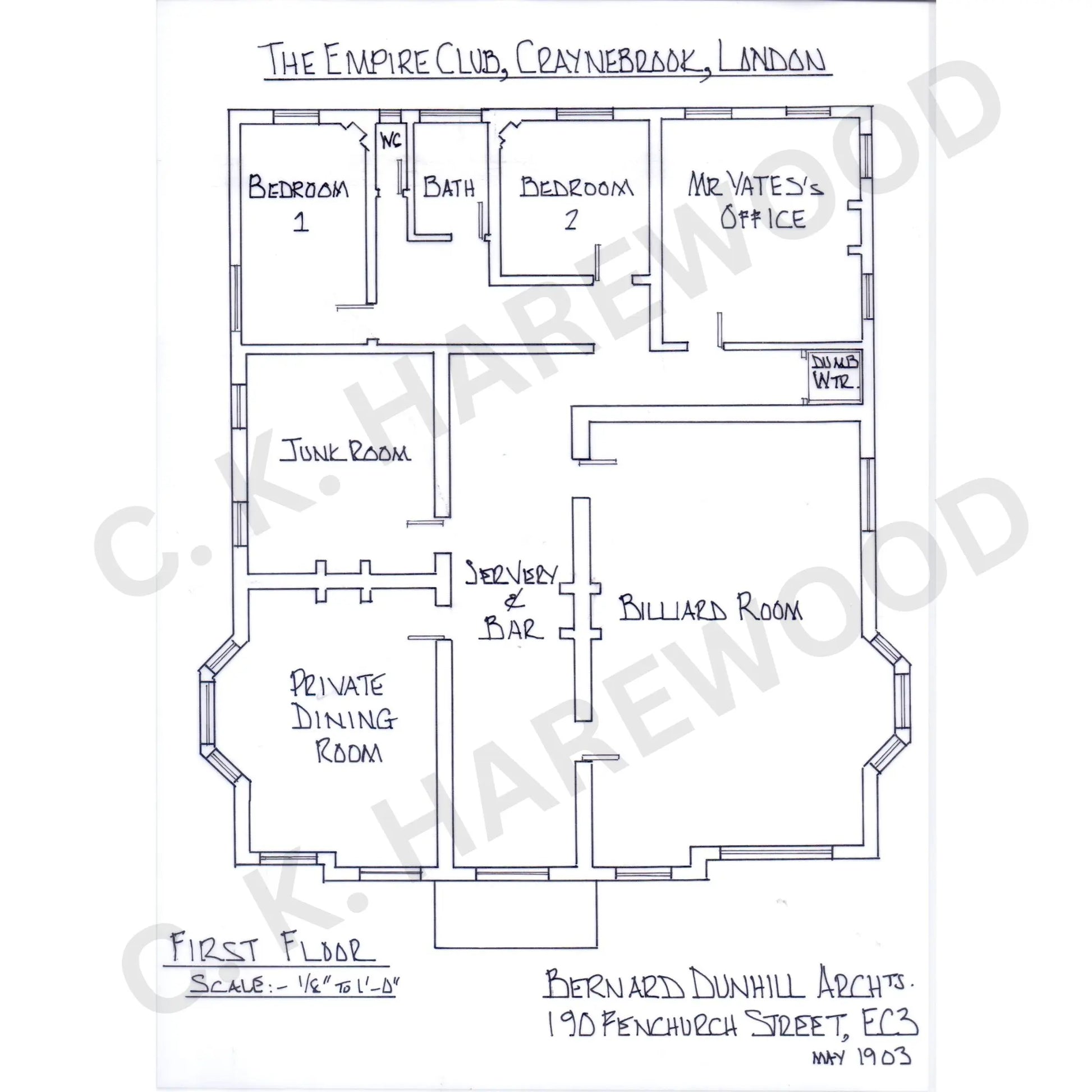 Floor plan of The Empire Club, Craynebrook, London, with labeled rooms.
