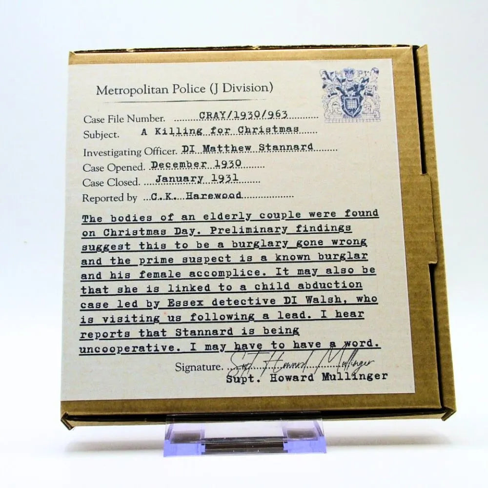 Box with a document resembling a police investigation report on a white background