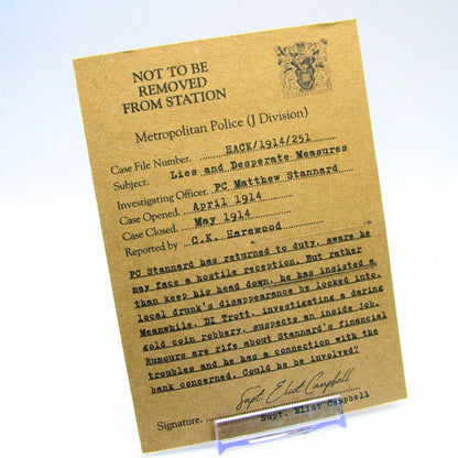 Vintage-looking document with text and a logo on a light blue background