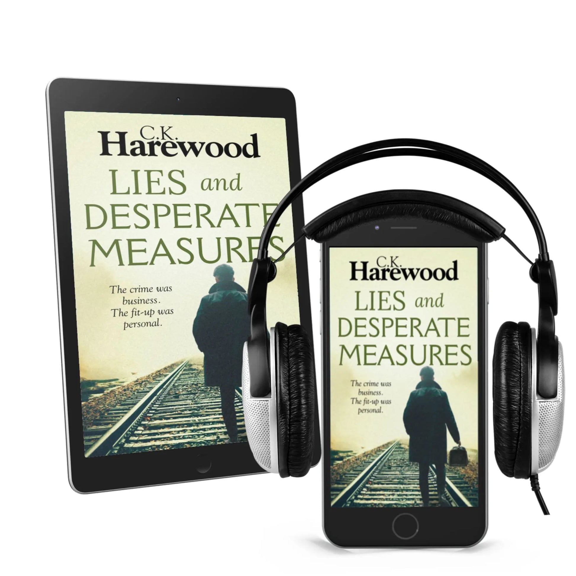 Lies and Desperate Measures on eReader and phone with headphones