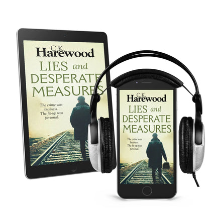 Lies and Desperate Measures on eReader and phone with headphones