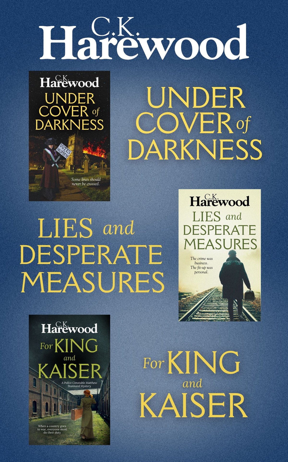 eBook Cover featuring three books, Under Cover of Darkness, Lies and Desperate Measures, For King and Kaiser