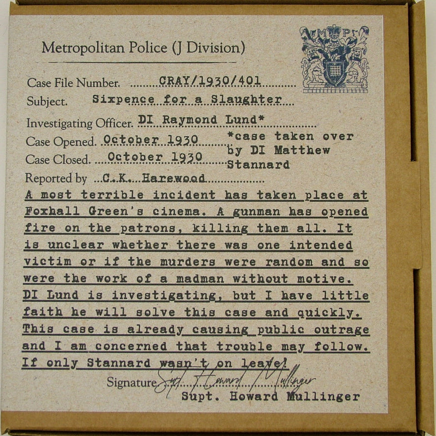 A vintage Metropolitan Police case file from 1930 inside a brown cardboard file box, photographed against a plain off-white background.