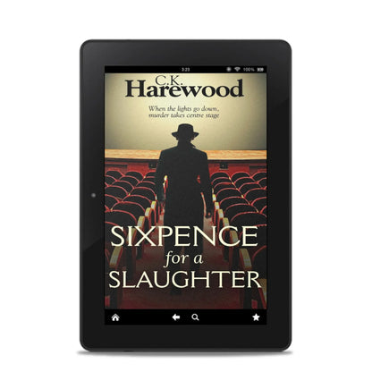 E-reader displaying the cover of 'Sixpence for a Slaughter' by C.K. Harewood on a white background