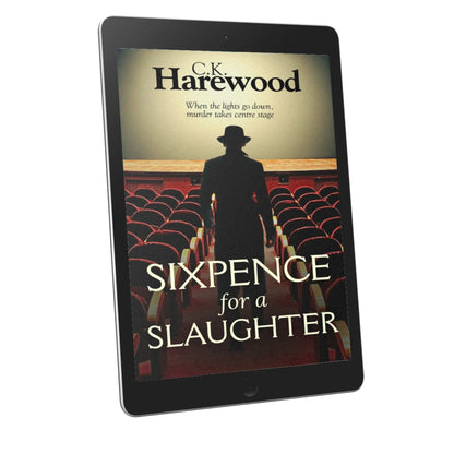 Digital book cover of 'Sixpence for a Slaughter' by C.K. Harewood displayed on a tablet.