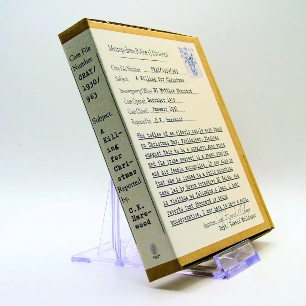 Book with a case file number and text on a stand against a white background