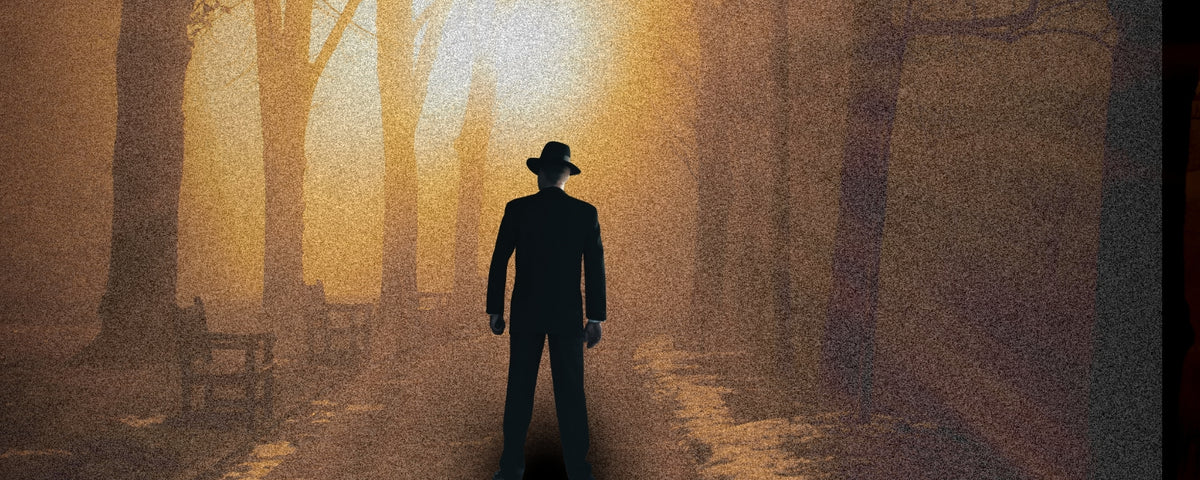 A dark silhouette of a person wearing a hat and suit stands on a path in a misty, golden-toned forest with tall trees and benches.