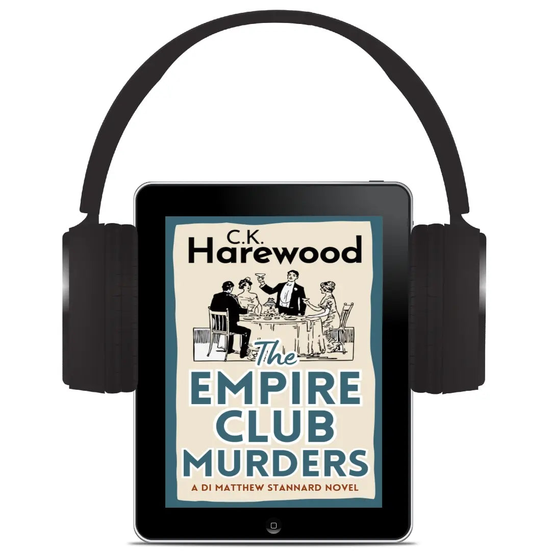 Headphones clamped to eReader showing The Empire Club Murders