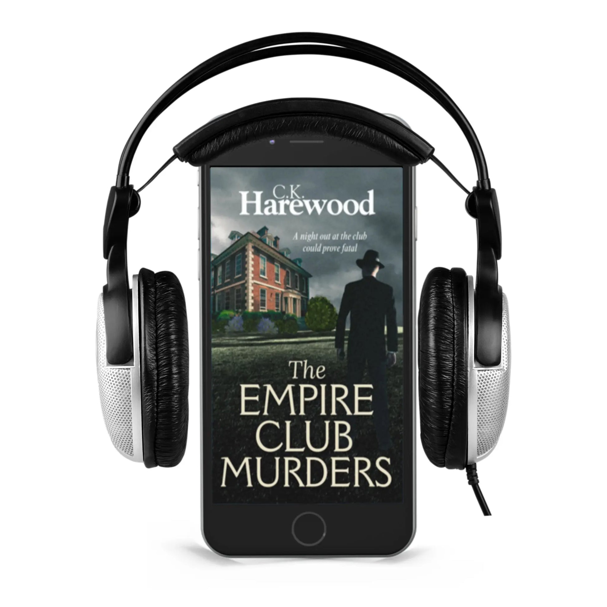Phone displaying 'The Empire Club Murders' book cover with headphones on a white background