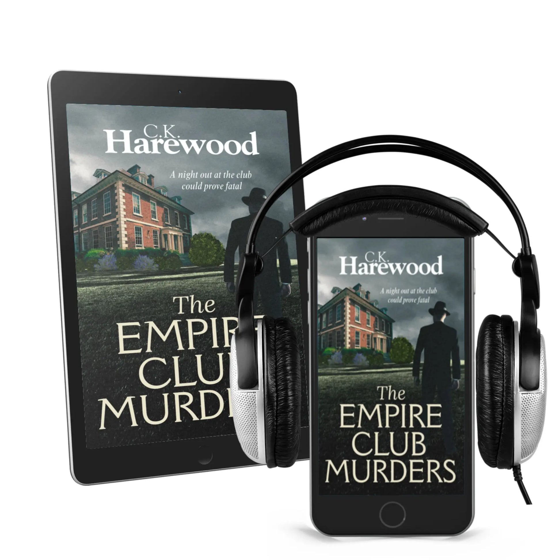 The Empire Club Murders on eReader and smartphone with headphones