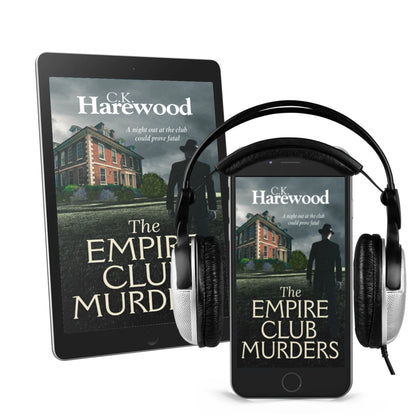 The Empire Club Murders on eReader and smartphone with headphones