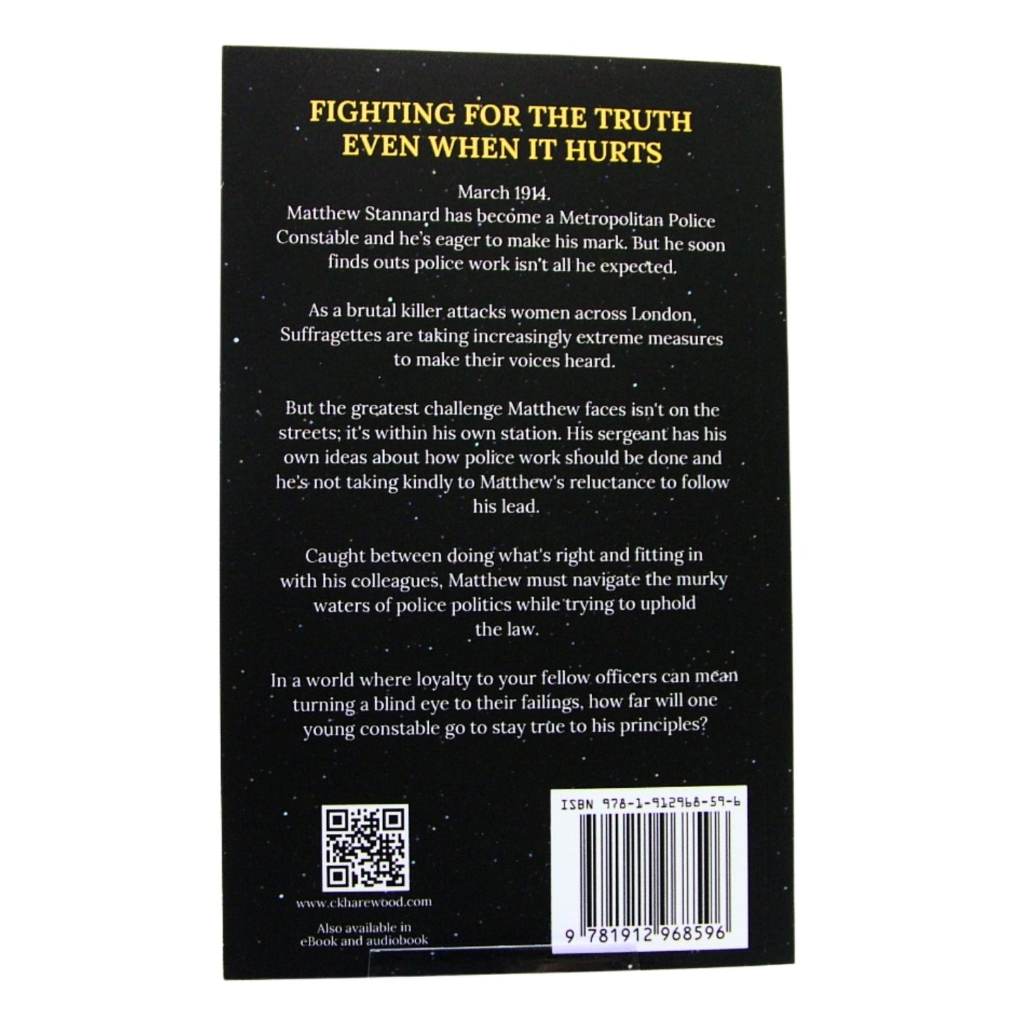 Under Cover of Darkness book back cover with text and QR code on a black background