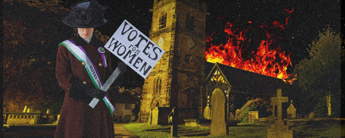 A Suffragette holds a Votes for Women banner before a church on fire