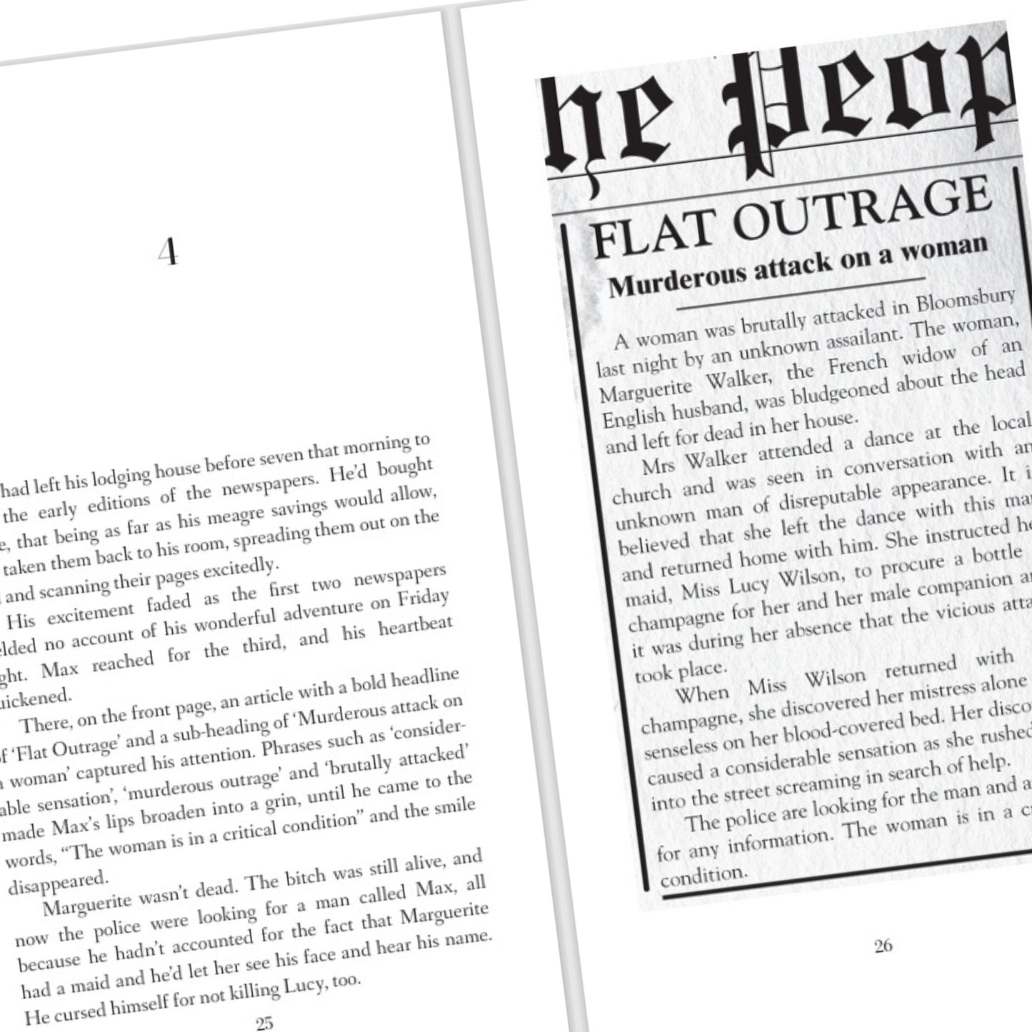 Page from a book with text about a woman being attacked, titled 'Flat Outrage'.