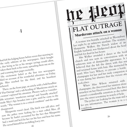 Page from a book with text about a woman being attacked, titled 'Flat Outrage'.