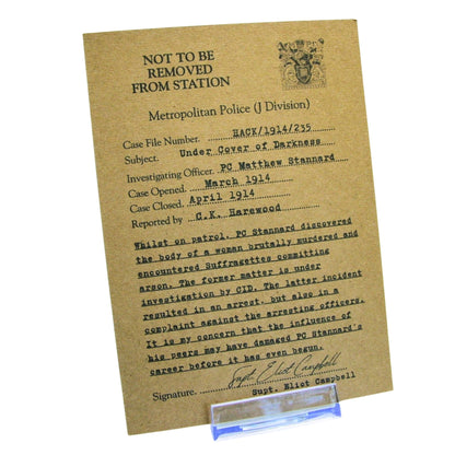 Vintage-style police case file with text on a white background