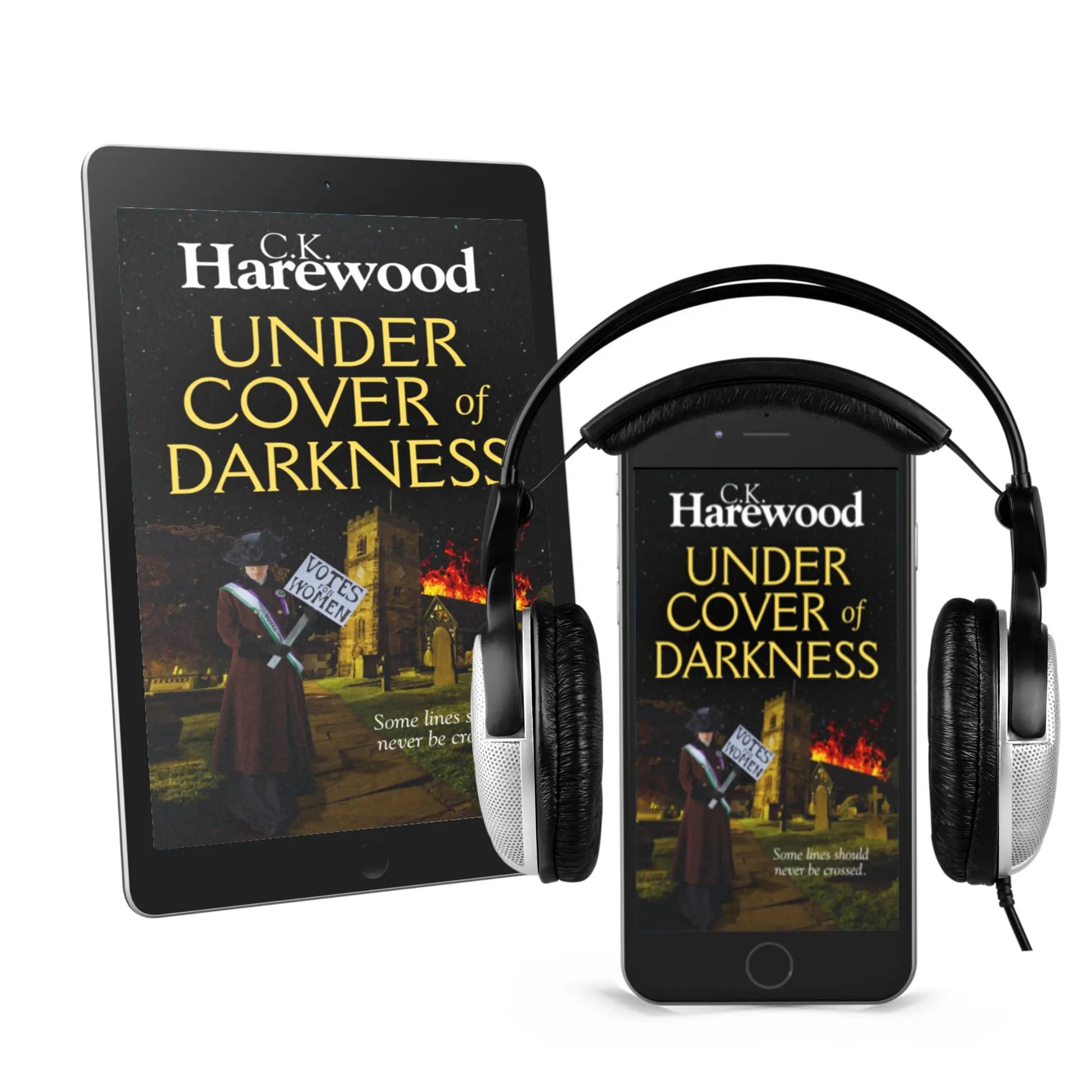 Under Cover of Darkness on eReader and phone with headphones